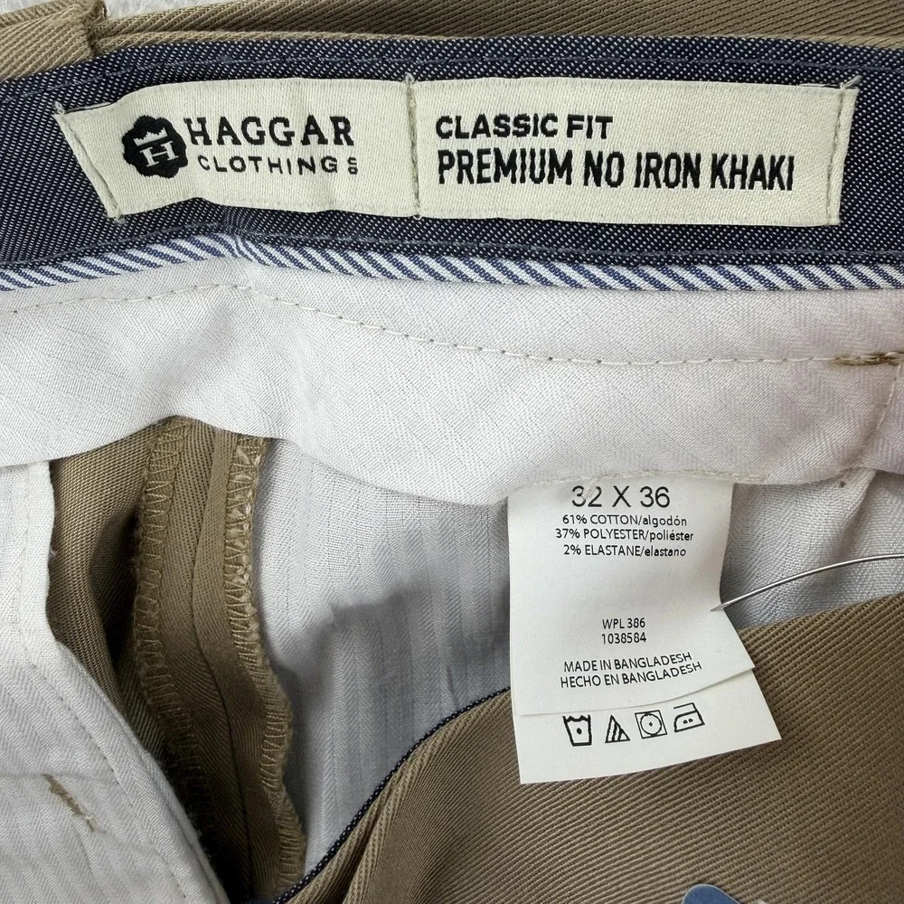 Haggar Premium No Iron Khaki Pants Mens 32x36 Beige Classic Fit Stretch Office